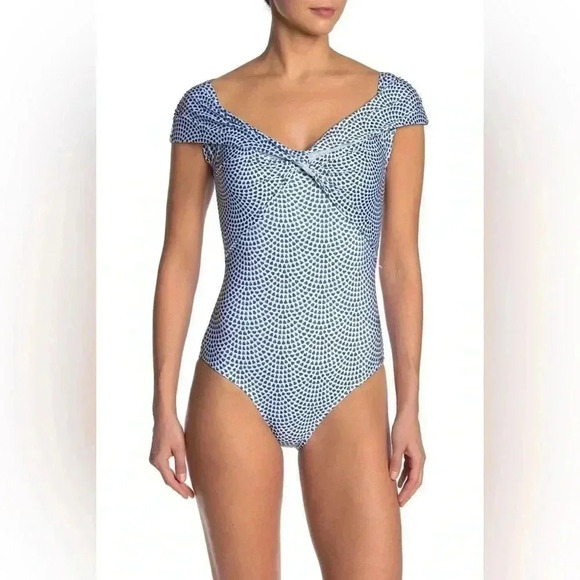 Nicole Miller Off the Shoulder Blue White One Piece Swimsuit Size Medium - Picture 1 of 10